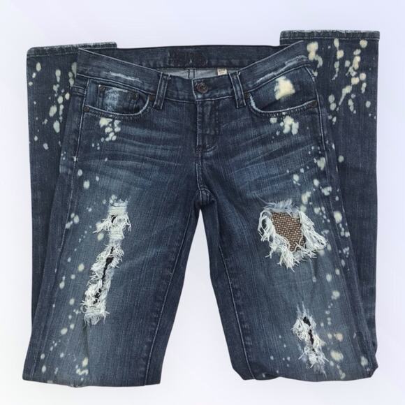 Bebe Rhinestone Mesh Jeans & Distressed Straight Leg Blue Vintage - Picture 1 of 11